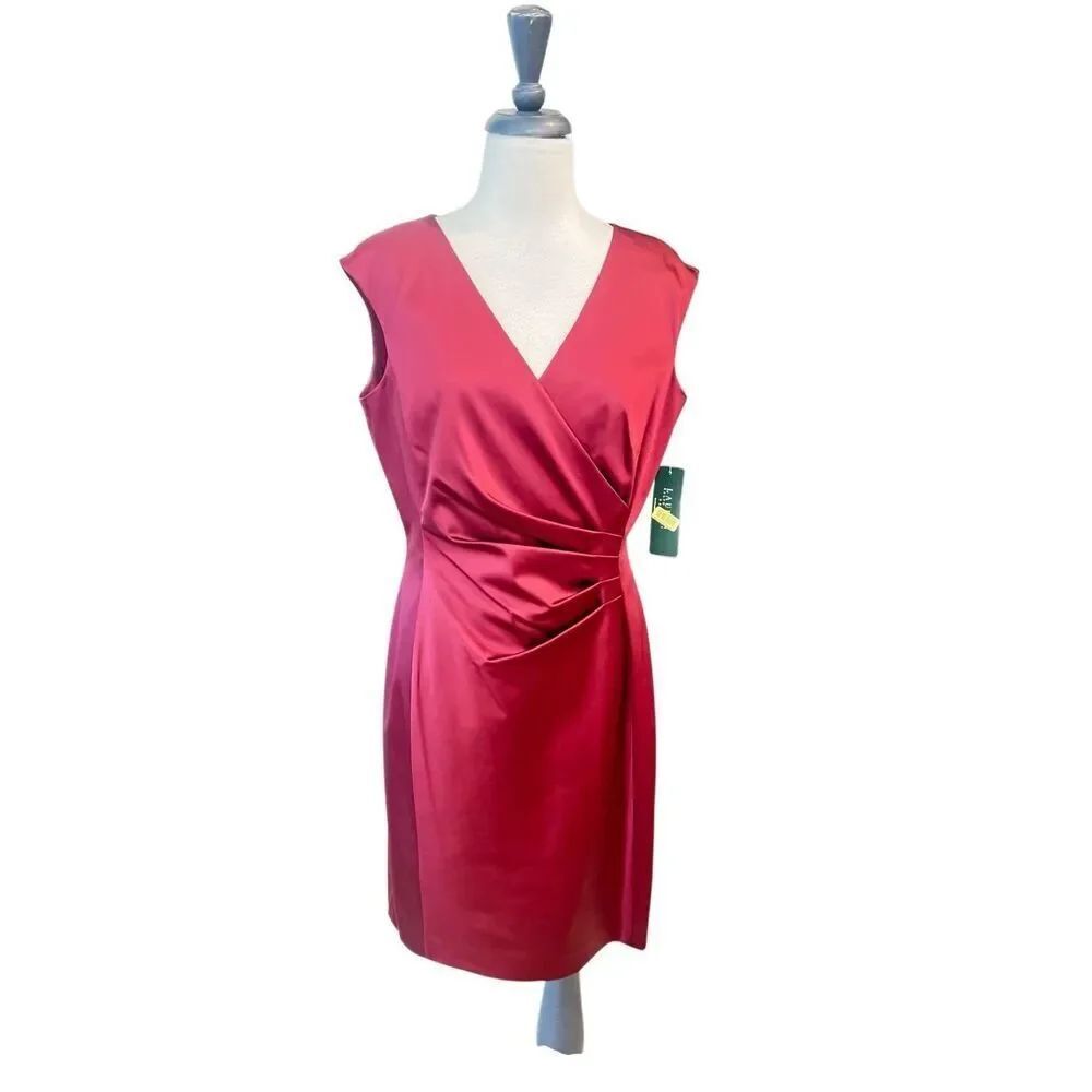 Lauren Ralph Lauren Women's Stretch Satin Surplice Sheath Dress Wine Size 12 NWT
